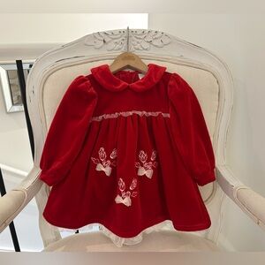 🤶 18 Mth Sears VINTAGE Red Velvet & Lace Tulle Christmas Baby Dress